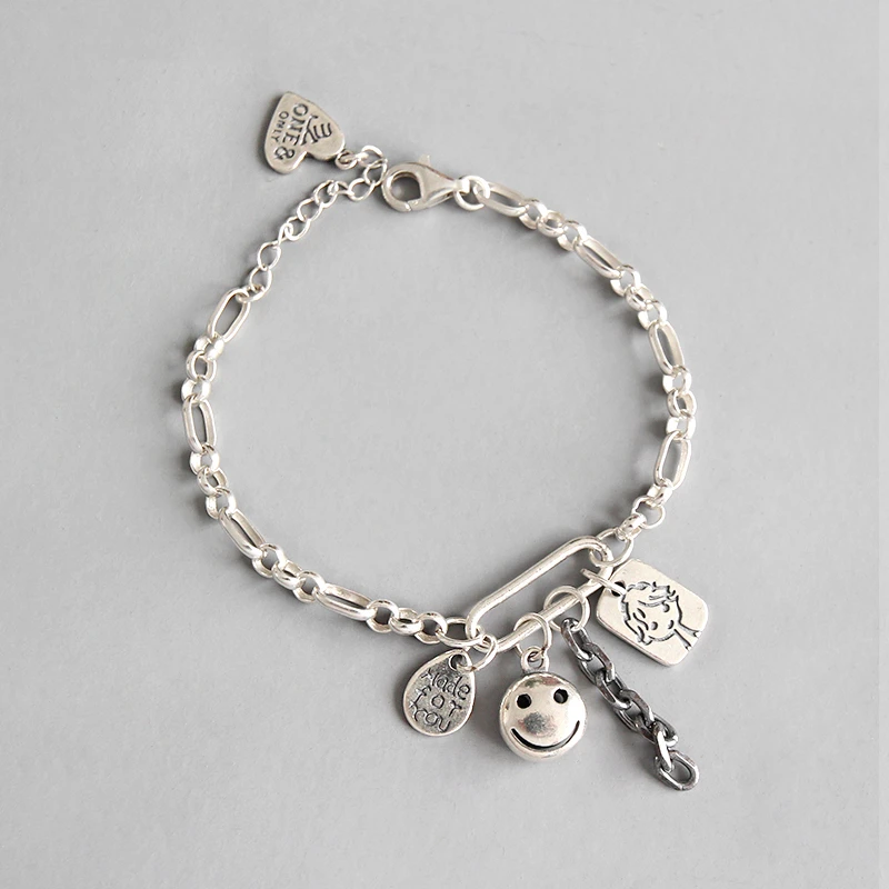 925 Sterling Silver Doll Smiling Face Pendant Lady Bracelet Temperament Hanging Tag Chain Personality Fashion Accessories | Украшения и