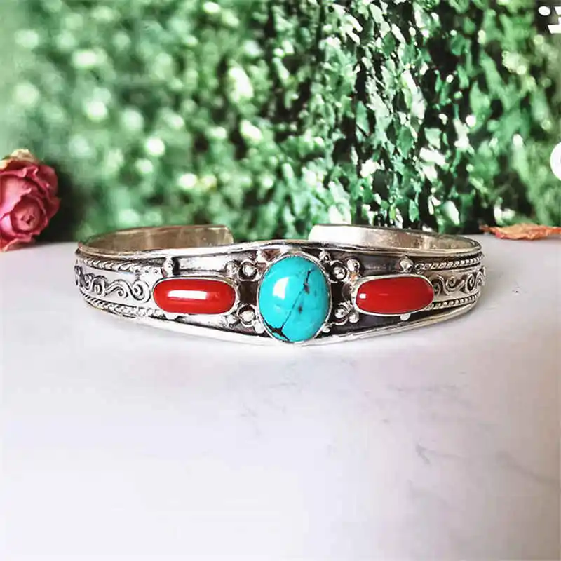 

Nepal Hand Vintage Jewelry 925 Sterling Silver Inlaid Natural Turquoise Coral Open Cuff Bangles Free Ship T9110