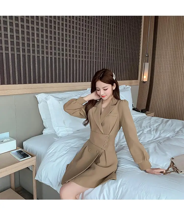 Long Sleeve Dress Women Large Size 3XL Elegant Classy Clothing Female Button Daily Office Lady Notched Pure Spring Khaki 2020 BF black dress for women