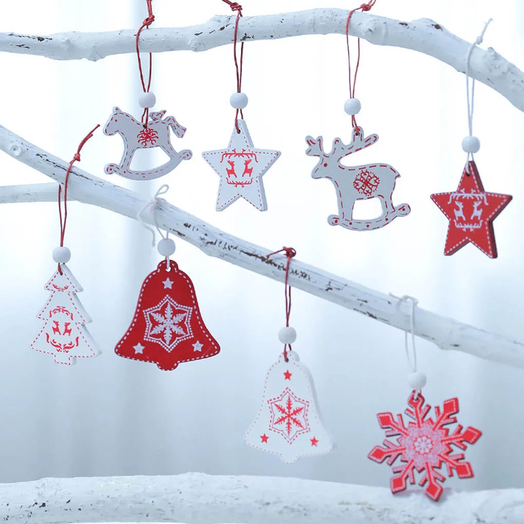 

12pcs Christmas Printed Wooden Pendants Cartoon Animal/Bell/Snowflake/Star/Tree Ornament Hanging Decor