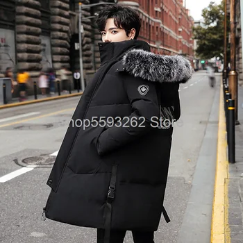 

Winter men's hooded down jacket long thick slim men's large fur collar white duck down jacket