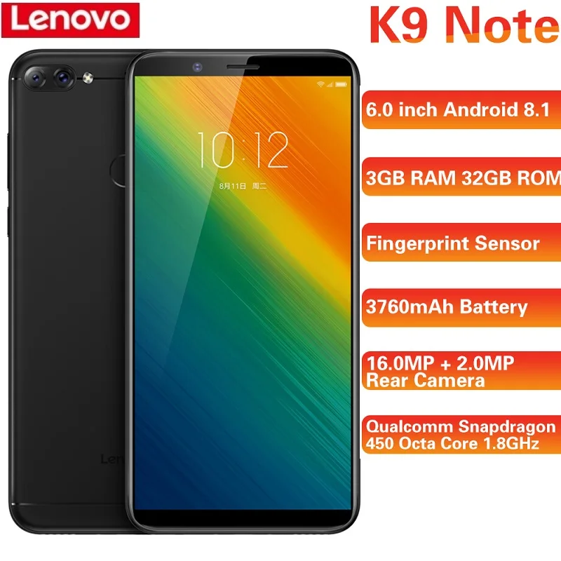 Смартфон lenovo K9 Note 4G 6,0 ''18:9 Android 8,1 Qualcomm Snapdragon 450 Восьмиядерный 1,8 ГГц 3 ГБ + 32 ГБ 16,0 МП мобильные телефоны