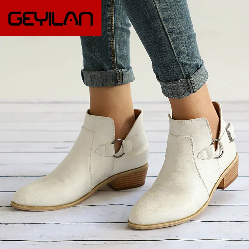 

Autumn Female Ankle Boots Women Low Heel Shoes Buckle Clog Heels Plus Size Casual Slip On Short Boot oncise Footwear fgb78