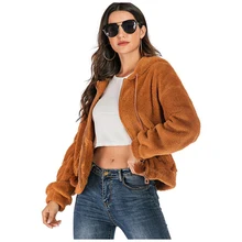 Winter Velvet Jacket Warm Soft Ladies Casual Long Sleeve  Hooded Coat With Pockets Brown Outerwear Jacket for Women 2021 New