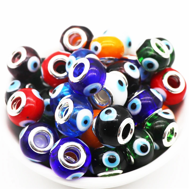 

10Pcs Evil Eye Large Hole European Lampwork Glass Spacer Beads Fit Pandora Bracelet DIY Snake Chain Necklace For Jewelry Making