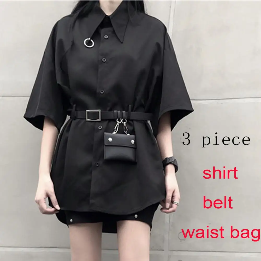 

Gothic Punk Ring Collar Waist Belt Bag Elegant Loose Blouse Harajuku Streetwear Korean Women Long Shirt Top Black Hip Hop Blusas