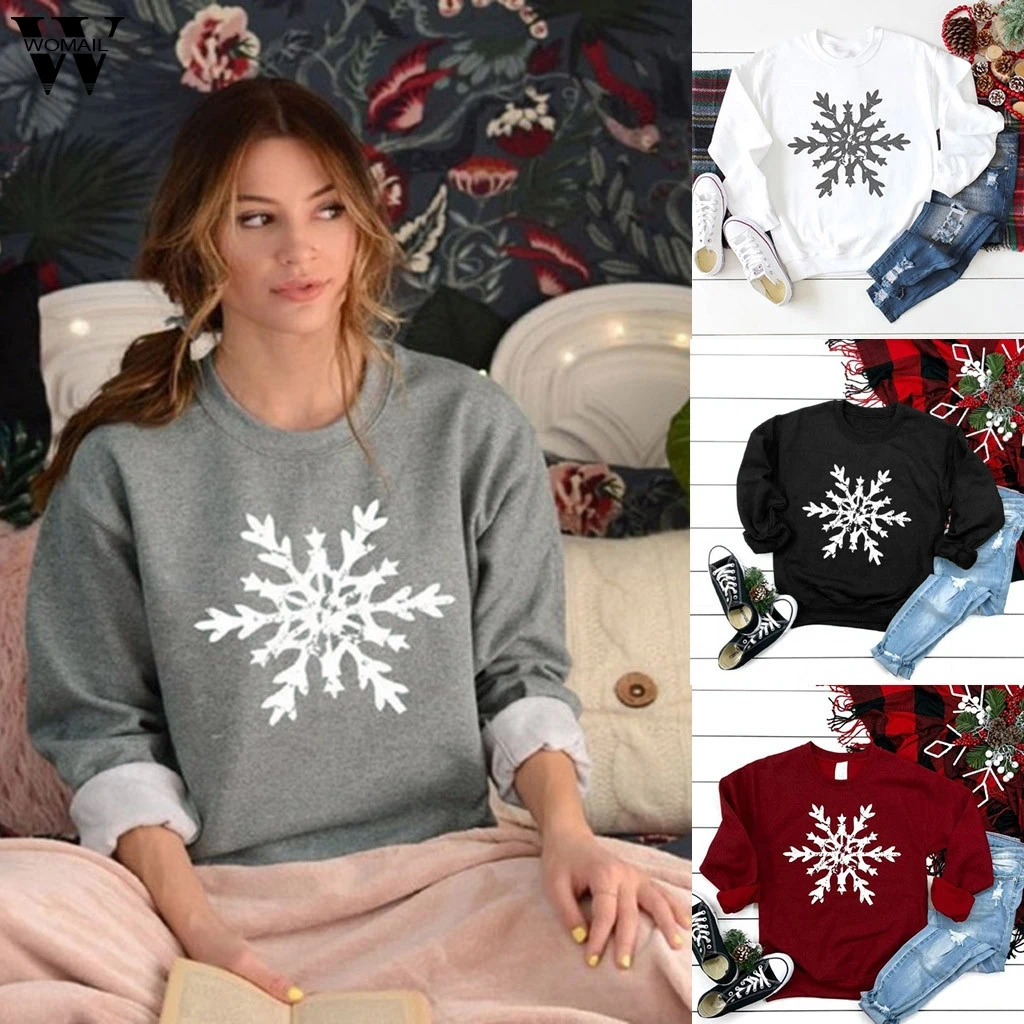 

Womail sweatshirt Women Autumn Xmas Long Sleeve O-Neck Sweatshirt Casual New Snowflake print gray Pullovers Tops sweet Sport