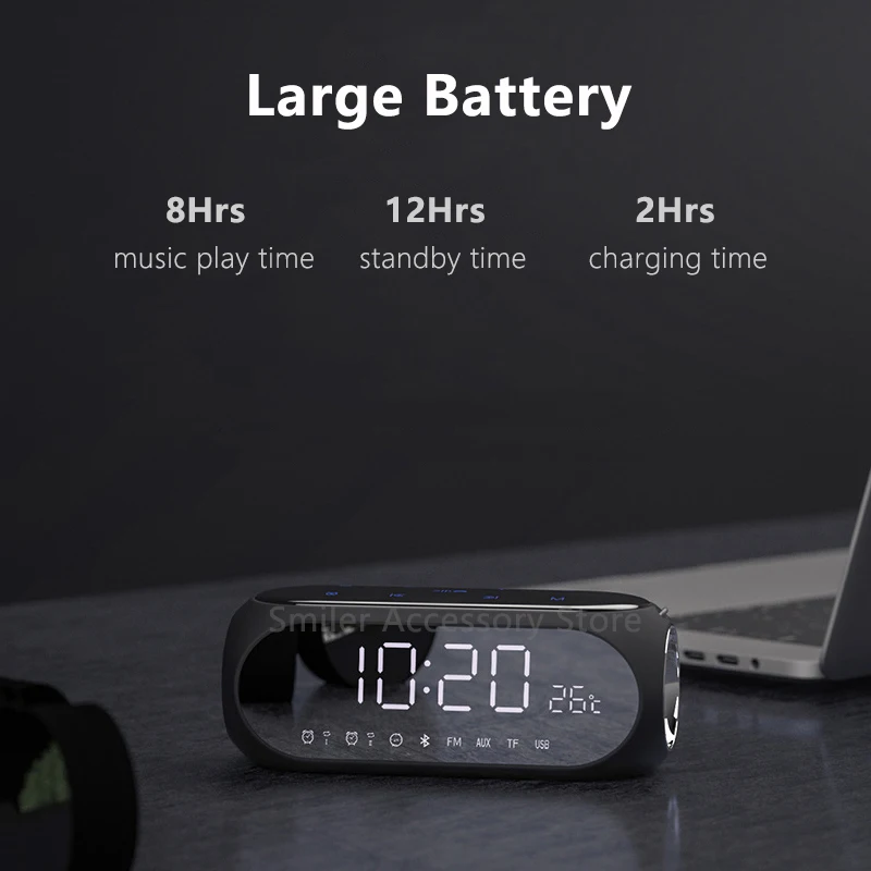 Wireless Bluetooth Speaker 10W Portable Small LED Display FM Radio Alarm Clock Home Stereo Loudspea
