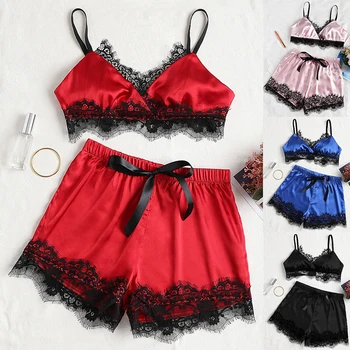 

Women Sexy Underwear Set Girl Sexy Sling Lace Erotic Lingerie Push Up Bra And Panties Summer Sleep Tops Silk Satin Lingerie Set