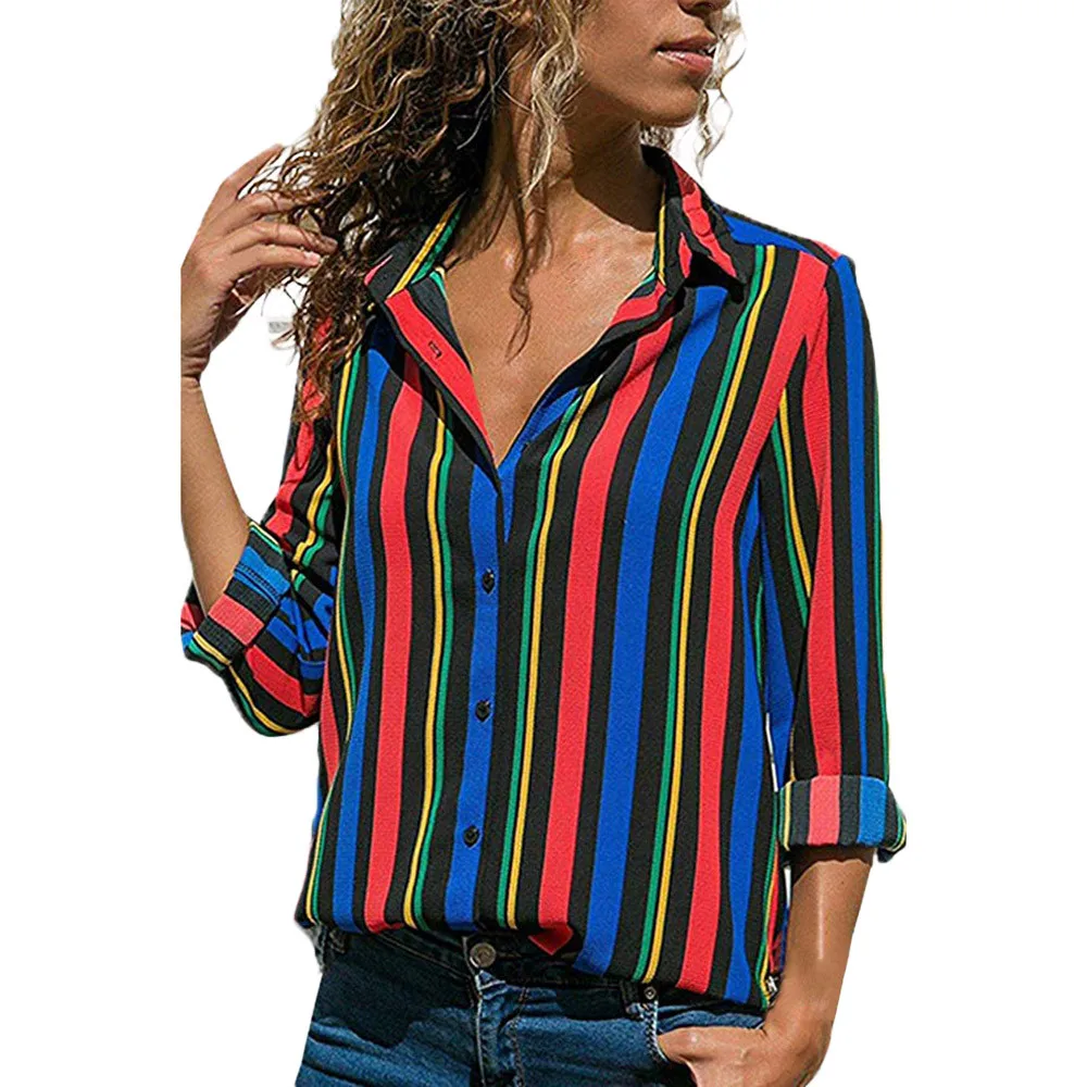 

Womens Fall Striped Fashion Tops and Blouses Elegant V Neck Blouse Loose Harajuku Shirt Ladies Tunic vintage camisa feminina