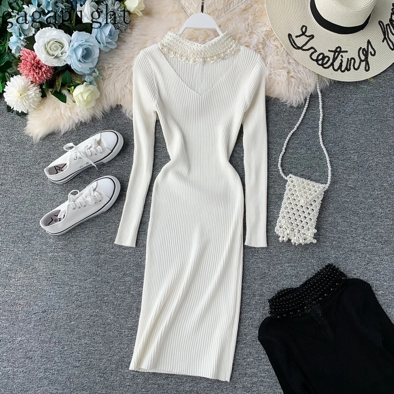 

Gaganight Women Elegant Midi Dress Pearl V Neck Long Sleeves Knitted Elastic Party Dresses Female Slim White Black Dress Fashion