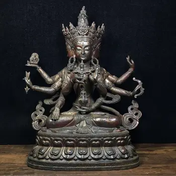 

Home Decor 13" Tibet Buddhism Temple Old Bronze Cinnabars Three heads and eight arms Guanyin Vajrasattva statue Amitabha