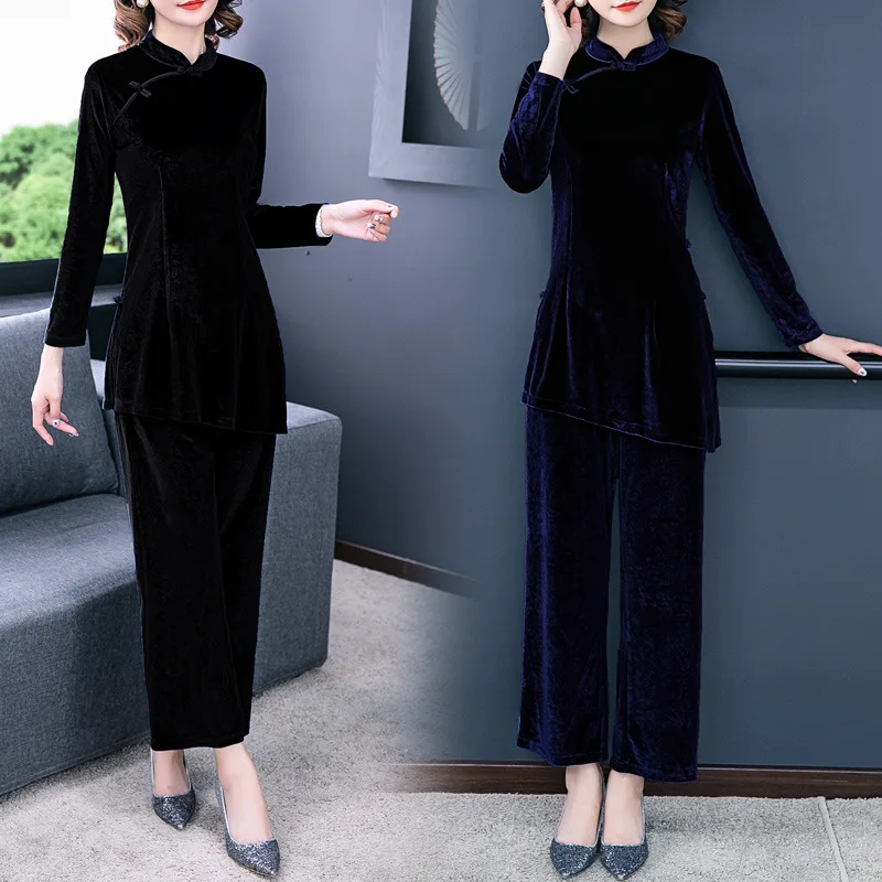 

Vintage Improved Cheongsam Tops Loose Pants Two-Piece 2019 Autumn Clothing New Style Ethnic-Style Gold Velvet Set WOMEN'S Dress