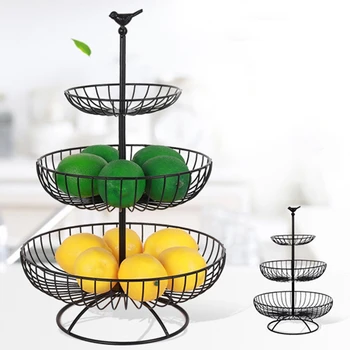 

Household 3 Tier Fruit Plate Countertop Metal Fruit Basket Black Vintage Style Tray Stand Storage Basket