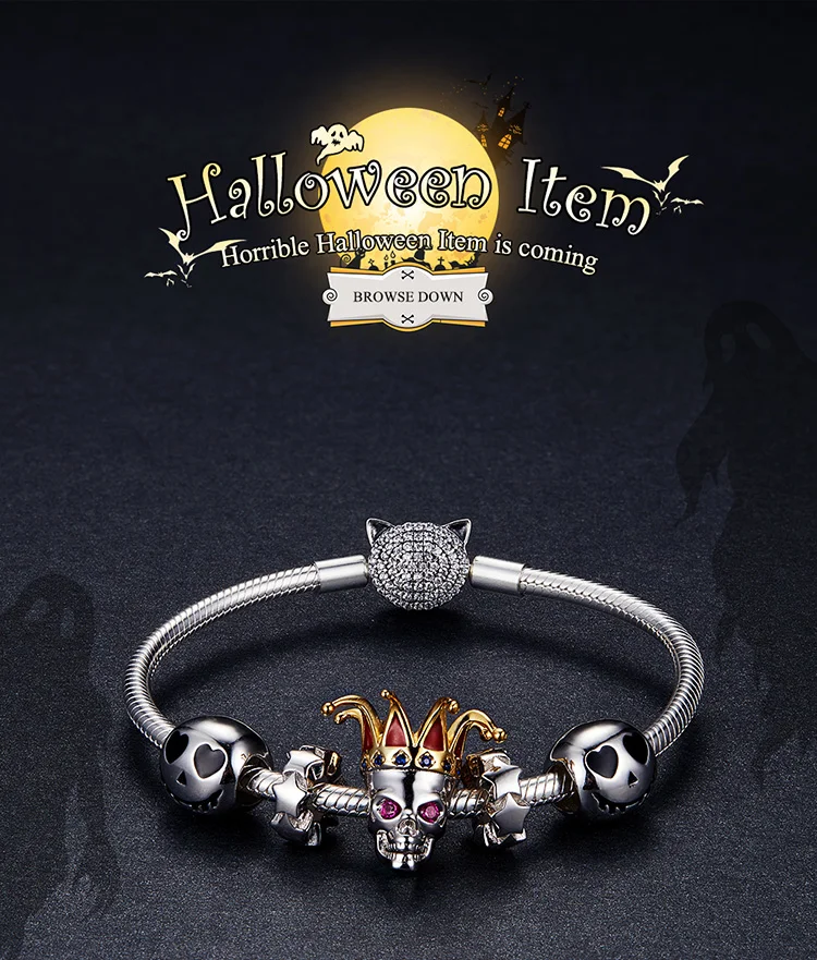 WOSTU 925 пробы серебряные страшные бусины в виде черепа подходят к оригинальному браслету Подвески на Хэллоуин Страшные вечерние ювелирные изделия на Хэллоуин CQC1359