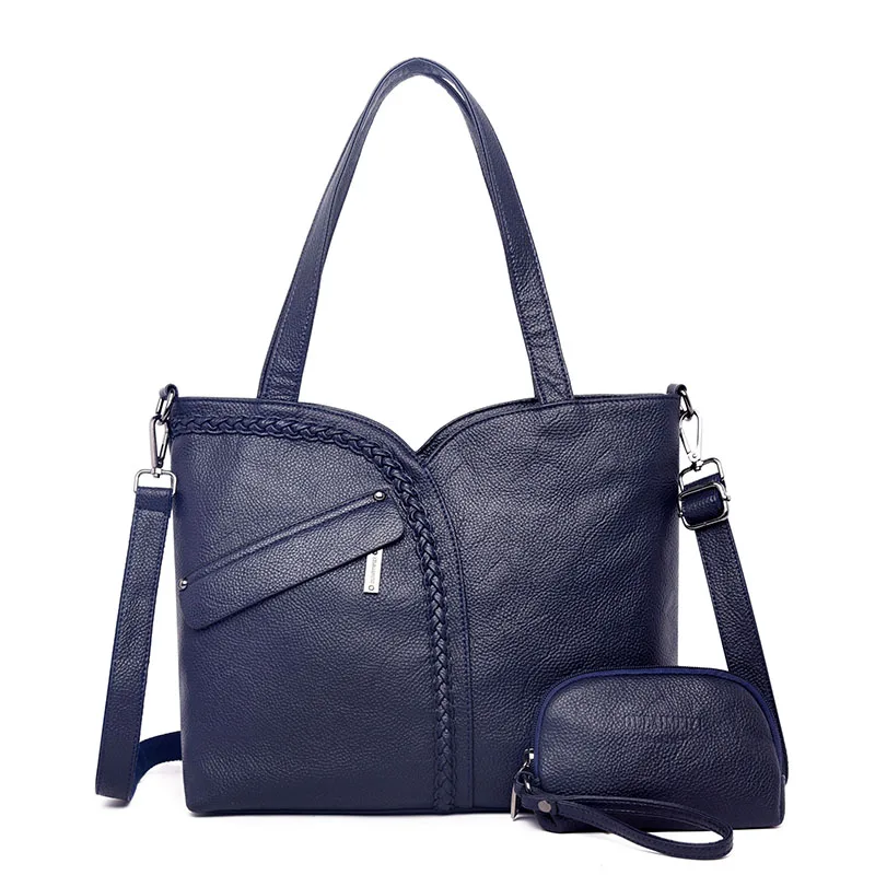 2 комплекта женские вязаные сумки на плечо из натуральной кожи кошельки и сумки Большая вместительная сумка Роскошные сумки через плечо для женщин - Цвет: Синий
