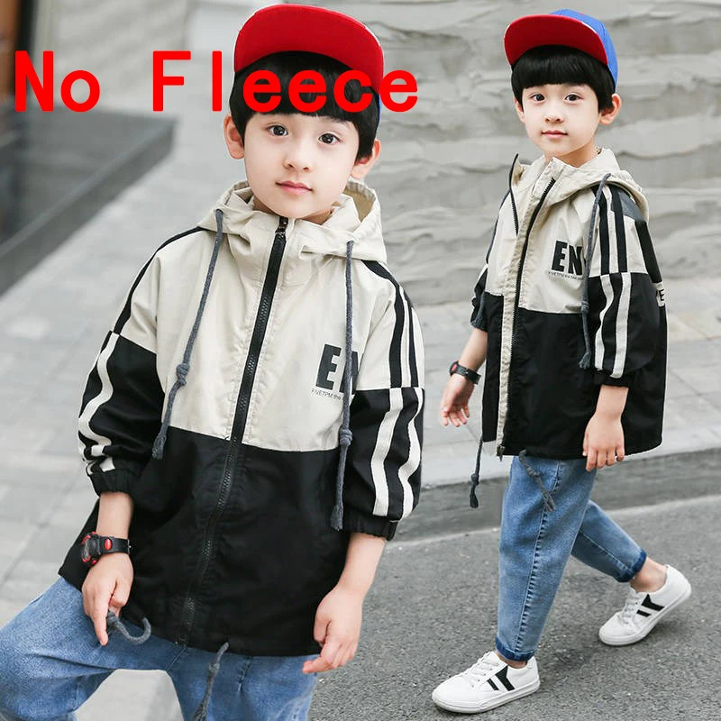 thin blavk Teenager Boys Autumn Fur Patchwork Windbreaker Jacket Fashion Children Parkas Fleece Hooded Outfits Teen Winter Warm Tracksuit - Цвет: thin blavk