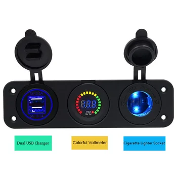 

New 3 Hole Switch Panel Red LED Boat On-Off Switch With Dual USB Ports Car Charger Voltmeter 12-24V Car Accessories