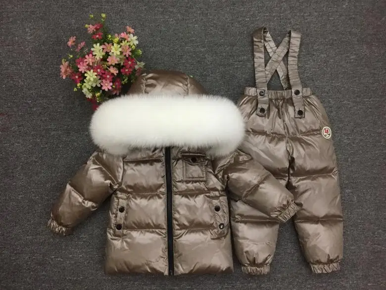 champagne whtie fur Детский ветрозащитный Теплый зимний комплект, теплая парка, пальто с капюшоном+ штаны, лыжный комбинезон, русский темно-синий зимний костюм, утепленные комплекты одежды - Цвет: champagne whtie fur
