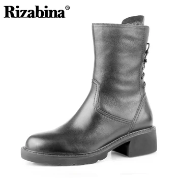 

Rizabina Real Leather Women Mid Calf Boots Round Toe Cross Strap Zipper Shoea New Design Boots Women Party Footwear Size 34-39