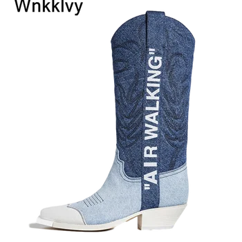 

Women mid calf boots autumn winter embroidery denim mixed colors chunky high heel shoes runway western cowboy long booties