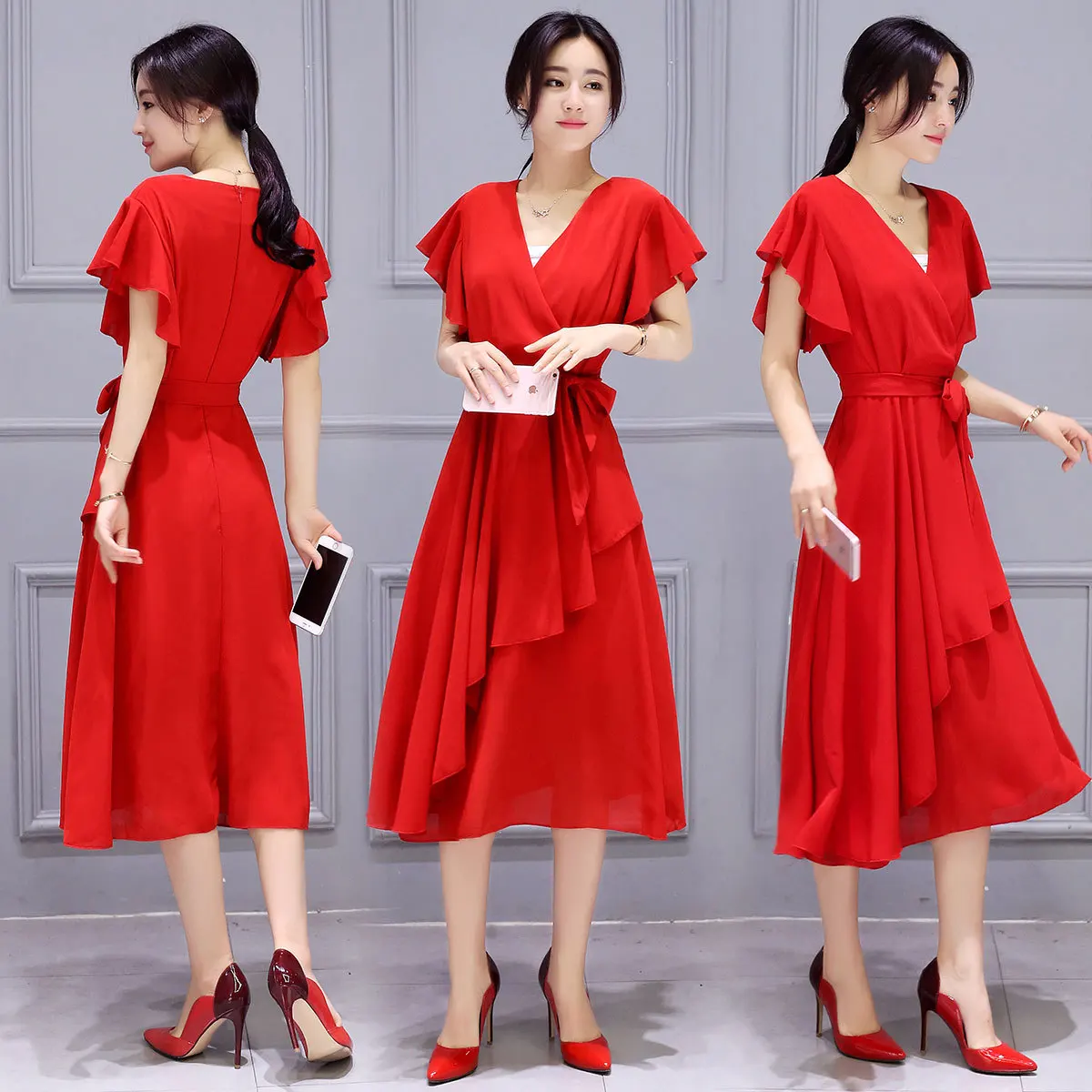 

Debutante Slim Fit Slimming Dress Summer Waist Hugging Lace-up Elegant Mid-length Chiffon Flounced Joint Big Skirt