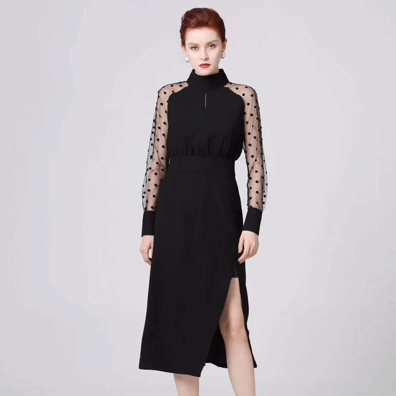 

VERDEJULIY Runway Black Dress Women 2020 Summer Spring Fashion Designer Long Sleeve Dot Mesh Elegant Split Midi Dress Vestidos