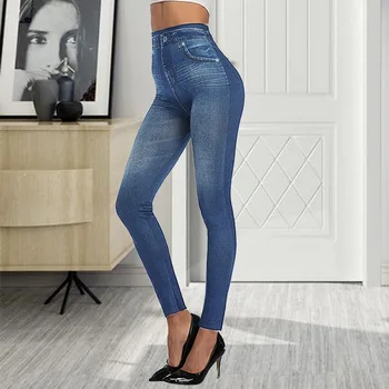 

Women's Velvet Seamless Pants Denim Print Leggings Stretchable Slim Fitness Leggings Denim Jeans Ladies Fashion Slim Leggings