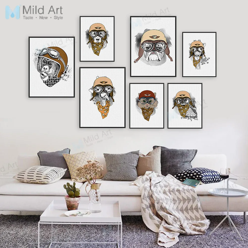 

Mild Art American Vintage Motorcycle Hand Animal Dogs And Cats Hanging Painting Cute Bar Wall Decorative Paintings with Frames F