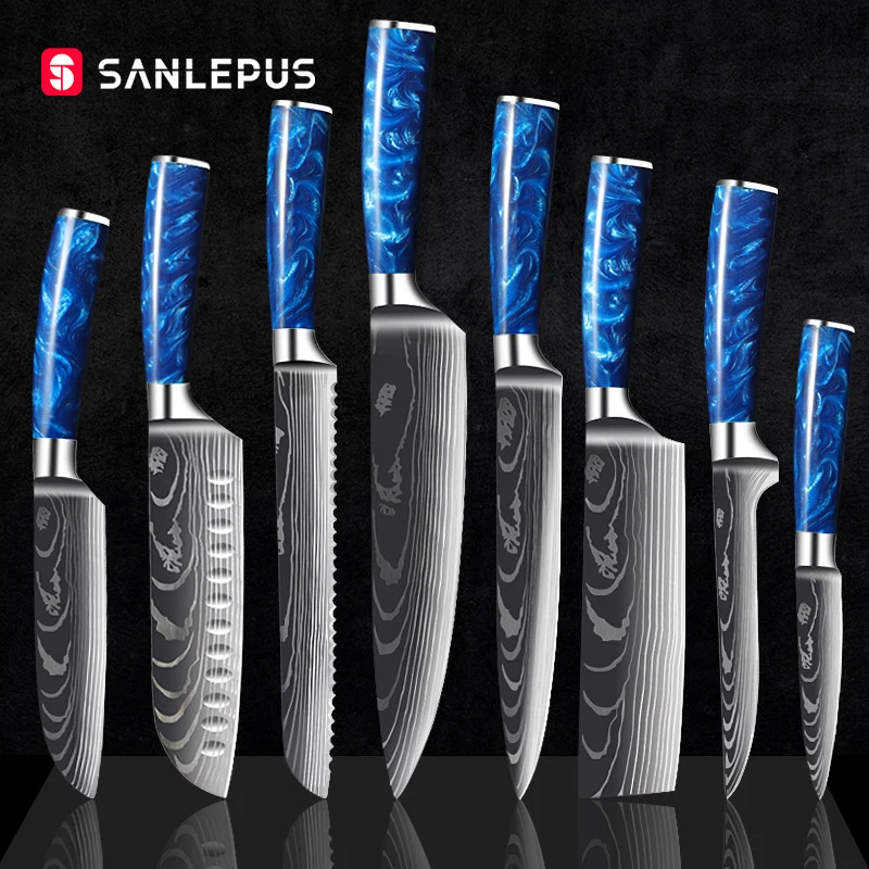 SANLEPUS Chef Knife Set 8PCS Japanese Stainless Steel Sanding Laser Pattern Kitchen Knives Professional Sharp Blade Cooking Tool | Дом и сад