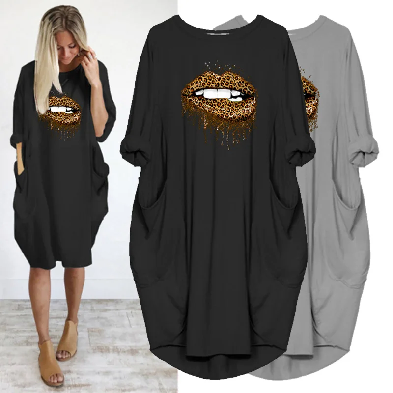 

Plus Size 5XL Women Loose Dress Vogue Lips Print Long Sleeve O Neck Pocket Casual Party Midi Dress Streetwear Vestidos Female