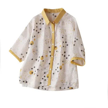 

45% Linen Dot Women Shirts Summer 2020 New Turn-down Collar Three Quarter Sleeve Thin Blouses for Women Summer clothes
