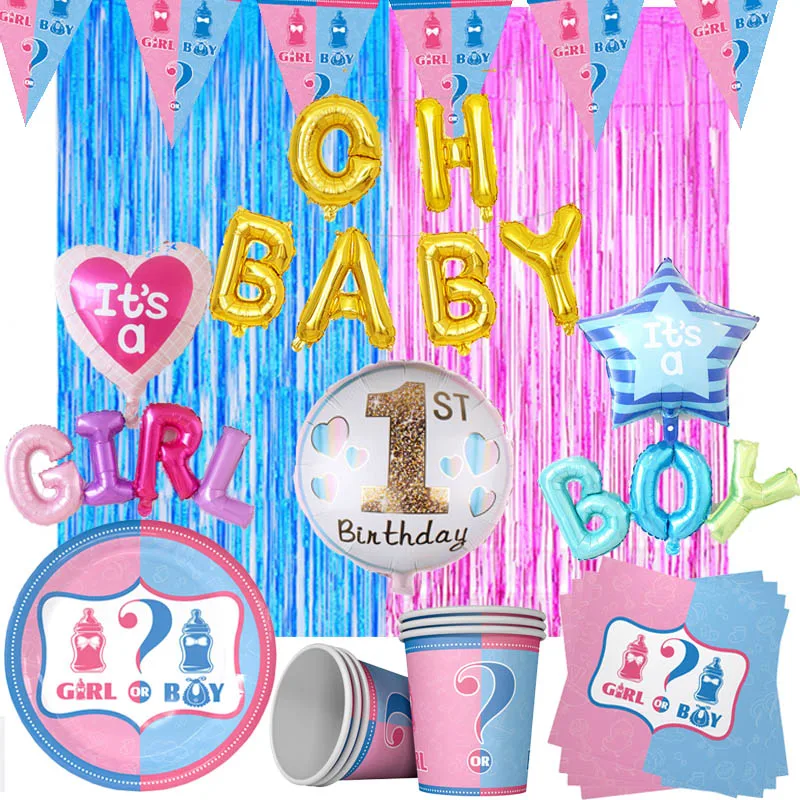 

Gender Reveal Party Supplies Oh Baby Foil Letters Balloons Tinsel Curtain Backdrop Table Cover Party Plates and Napkins Set