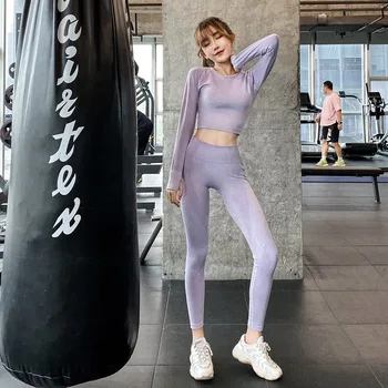 

2019 new fitness set long-sleeved top women's quick dry tight fitness pants two-piece set running sports suit female