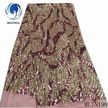 

Beautifical nigerian lace fabrics high quality african tulle lace embroidery sequins for dress 5yards lace women fabric ML7N198