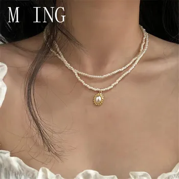 

MLING Vintage Gold Alloy Choker Necklace Simple Double Layer Pearl Necklace for Women