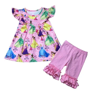 

Children outftis cotton ruffle top with cute print ruffles shorts set
