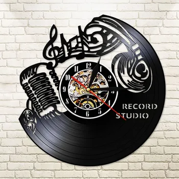 

Record Studio Vintage 12" Black Hanging Wall Clock Music Note Rock n Roll Headset Microphone LED backlight Watch zegarki ścienne