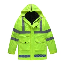 5-в-1 безопасности куртка-дождевик, чтобы вы были заметны Водонепроницаемый светоотражающий плащ с хлопковым пальто отстегивающийся капюшон регулируемые ремни безопасности