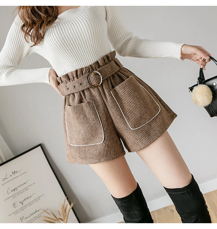 Trytree Autumn Winter woman Casual Shorts Loose Belt Pockets High waist Solid 3 Colors Fashion All-Purpose Style Short