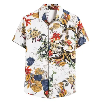 

Men Shirts 2020 New Summer Fashion Ethnic Short Sleeve Casual Cotton Linen Printing Hawaiian Shirt Blouse Men Slim #1228