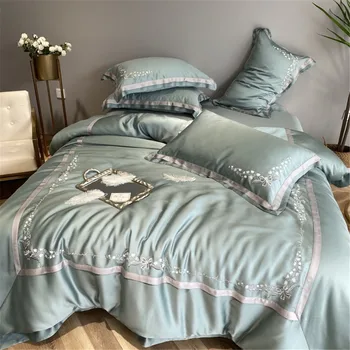 

European Style Light Luxury 60 Tencel Four-piece Set Hipster Summer Silky Embroidery Bare Sleeping Quilt Cover 1.5/1.8M Bedding