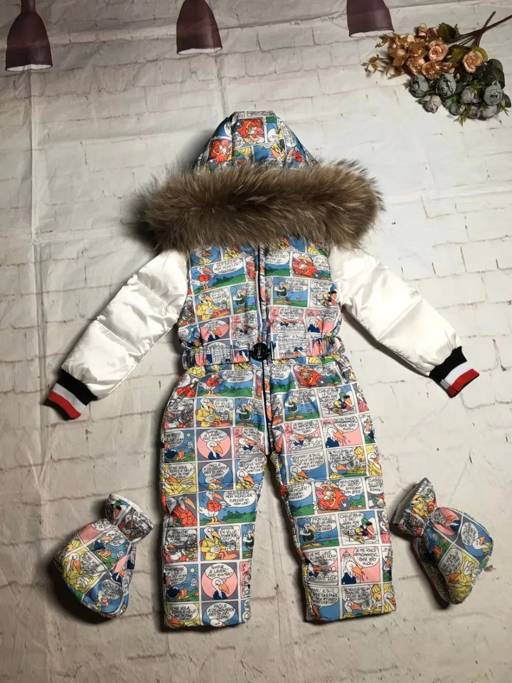 Г. Зимняя куртка с капюшоном и натуральным мехом детские куртки детский комбинезон зимний костюм для девочек с цветочным рисунком, Пуховый комбинезон, лыжные костюмы, верхняя одежда