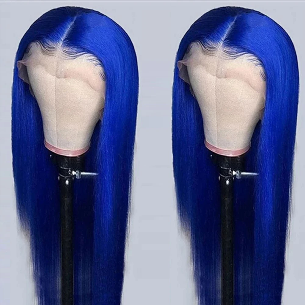 Lace Front Wig Synthetic Long Straight Blue Middle Part Pre Plucked For Black Women