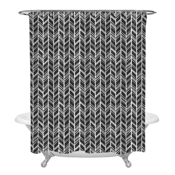 

Hand Drawn Tribal Chevron in Black and White Shower Curtain Set with Hooks for Shower Stall, Vintage Bathroom Accessories for