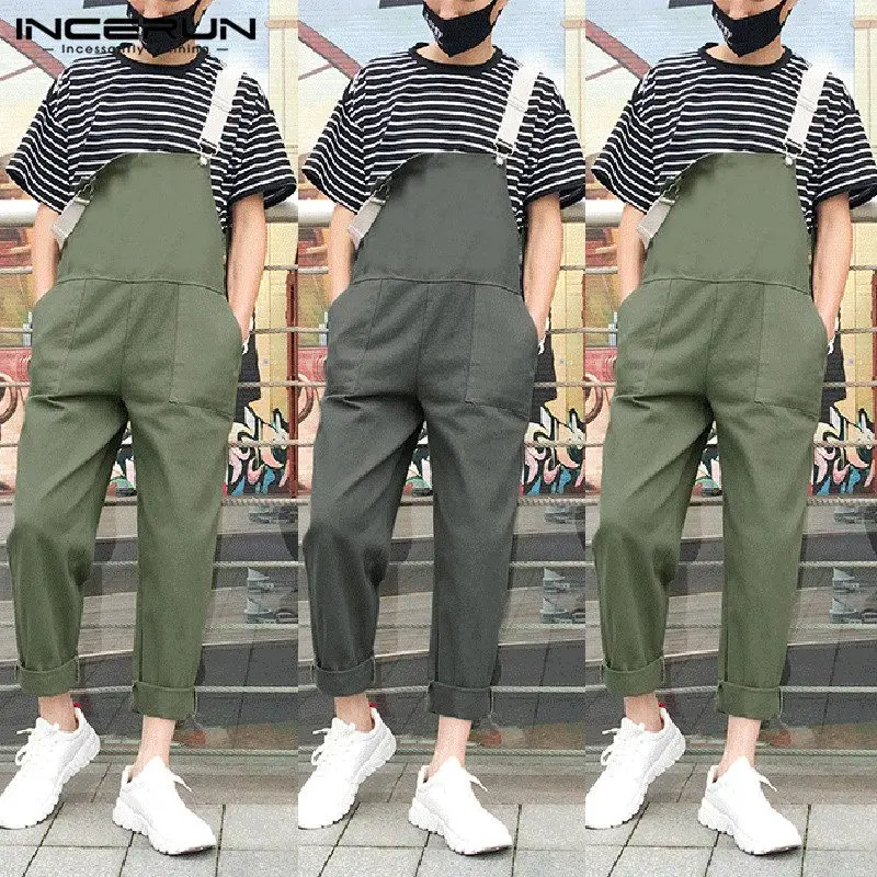 INCERUN Wide Leg Solid Color Suspenders Pants Men Jumpsuit Pockets Fashion Casual Loose Rompers Overalls Men Streetwear 5XL