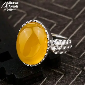 

12*16mm 6.18 Sale S925 Sterling Silver Ukraine Amber Rings Exaggerated Rings health rich lithuania Retro Chalcedony