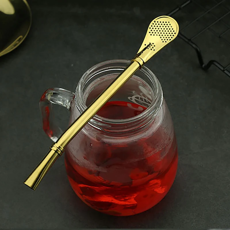 DEOUNY New Yerba Mate Straw Drink Stirrers Gold-Plated Cocktail Tubes 304 Stainless Steel Bar Filter Beverage Mixing Spoon Tools