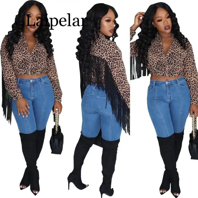 

Пикантная леопардовая осенняя куртка с кисточками, Женская приталенная куртка-бомбер с длинным рукавом и молнией спереди, зимняя уличная о...