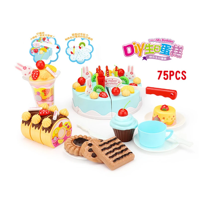 

DIY Cake Toy Kitchen Food Pretend Play Set Cutting Fruit Birthday Toys Kitchen Pink Blue For Girls Kid Educational Gift 40-75PCS